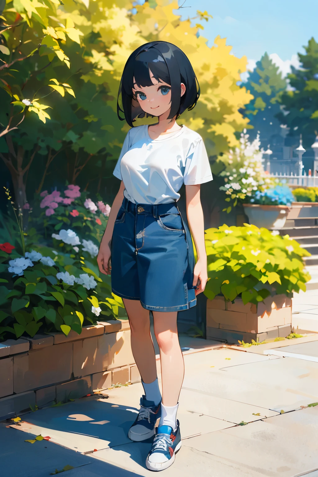 (high quality, High resolution, Very detailed, reality:1.37), Peaceful atmosphere, (Outdoor, garden), Teenage girl standing alone, (my breasts are big.), Beautiful details, Cute Smile, (Black bob hair), Short sleeve shirt, Denim skirt, Blue socks, sneakers.