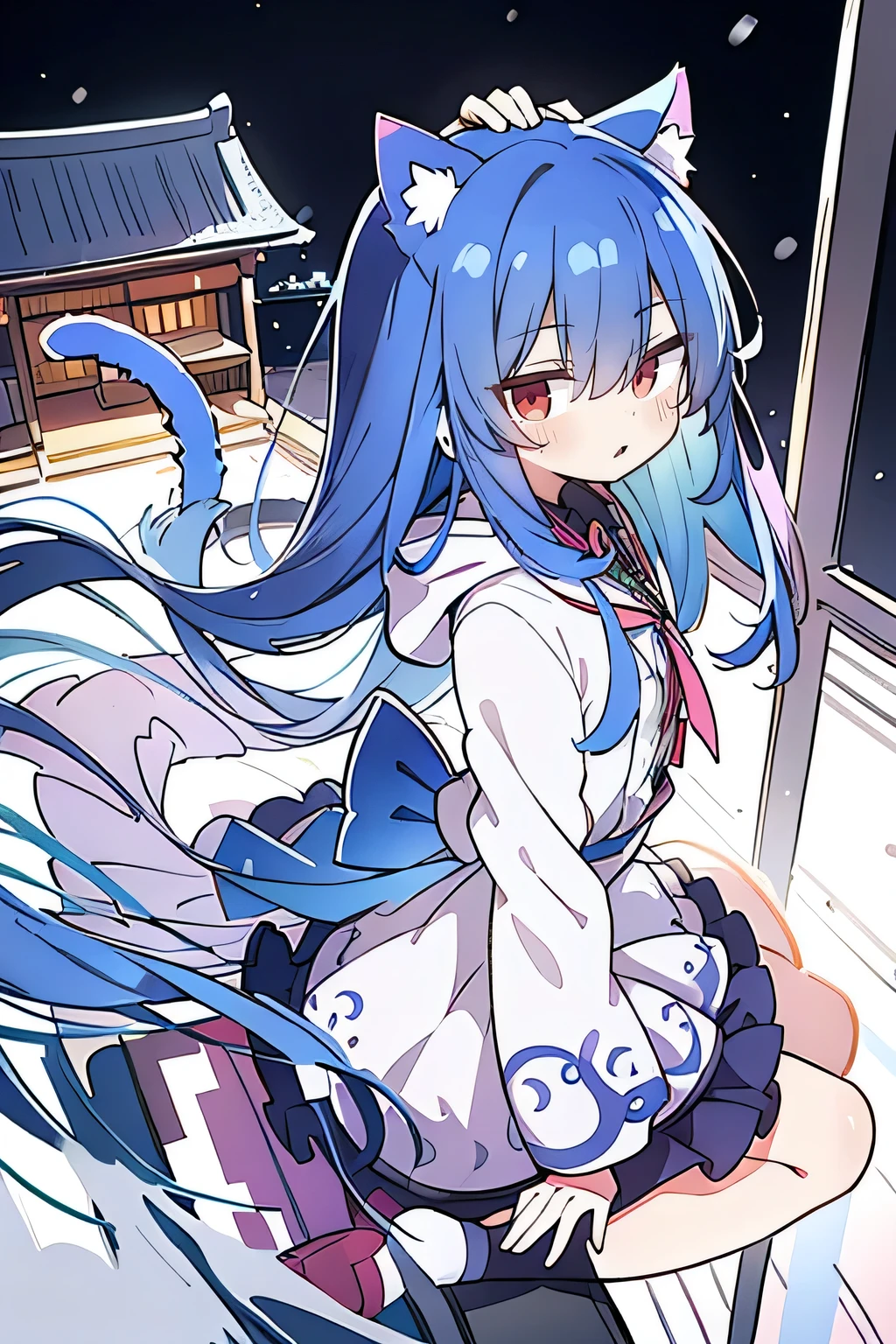 （masterpiece：1.2），Super detailed，lifelike，Expressive eyes，fair skin，perfect face shape，1 girl，
Japanese comics,Gorgeous blue hair,flowing blue hair,flowing clothes,Cat ears,Petals fall,beautiful lola,Baby Angel,
Shaking head with one hand，Cross your legs，Gentle and peaceful background，The pavilion is cool and comfortable,smile, wearing hoodie, background of tokyo,back views,snowing, winter.