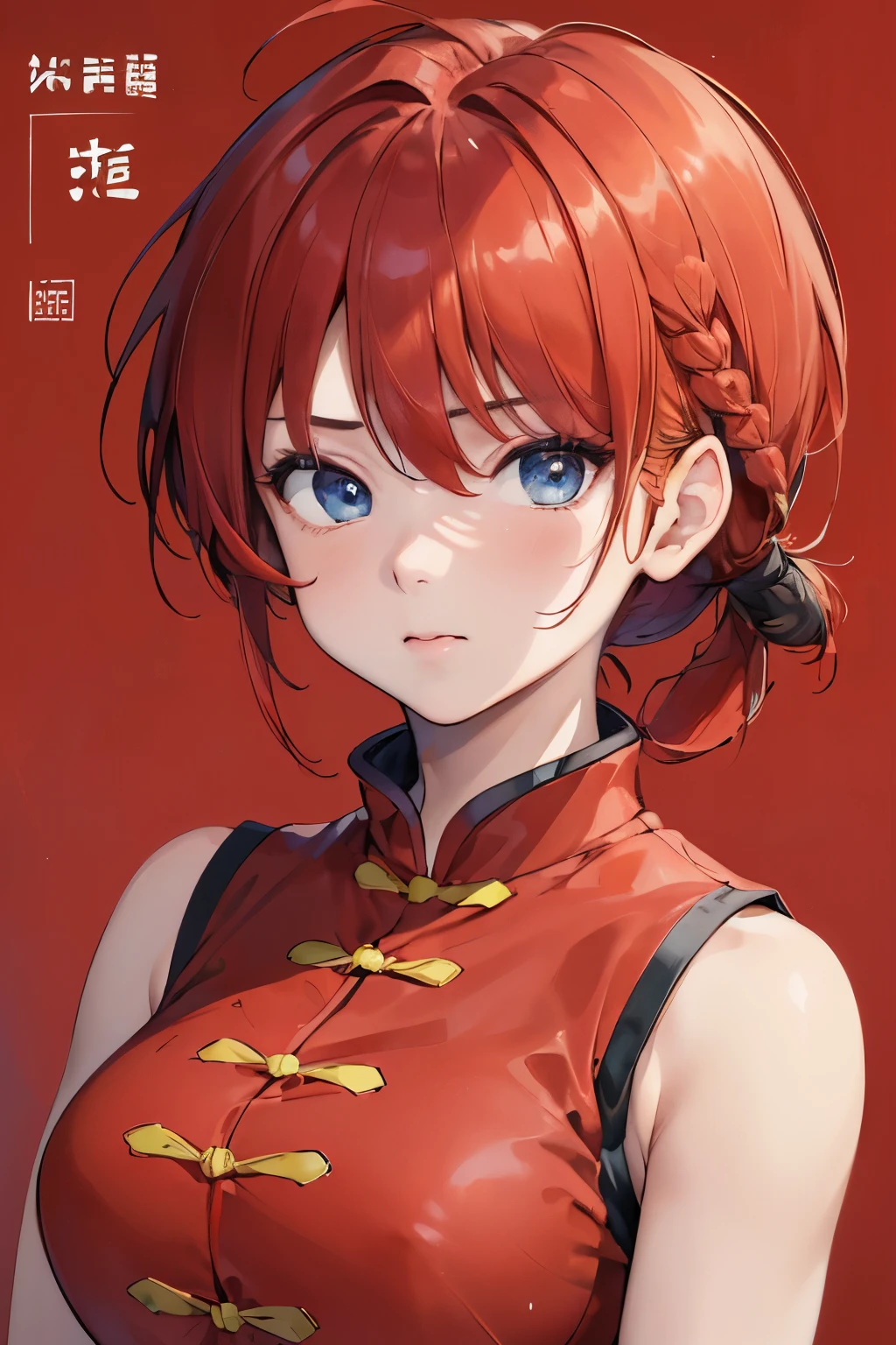 ((masterpiece)), high quality, very_high_resolution, large_filesize, full color, heavy outline, clear outline, colorful, (beautiful detailed eyes), ((beautiful face:1.0)), ((boyish face:1.4)), 1 girl, (femaleranma), (red hair), short hair, (braided ponytail), ((bangs)), bumpy bangs, blue-gray eyes, ???????????, curvy, femaleranma, braided ponytail, (red chinese clothes), sleeveless, tangzhuang, black pants, ????????, standing, upper body, ((from front:1.4)), ((portrait:1.8)), ((face focus:1.4)),
