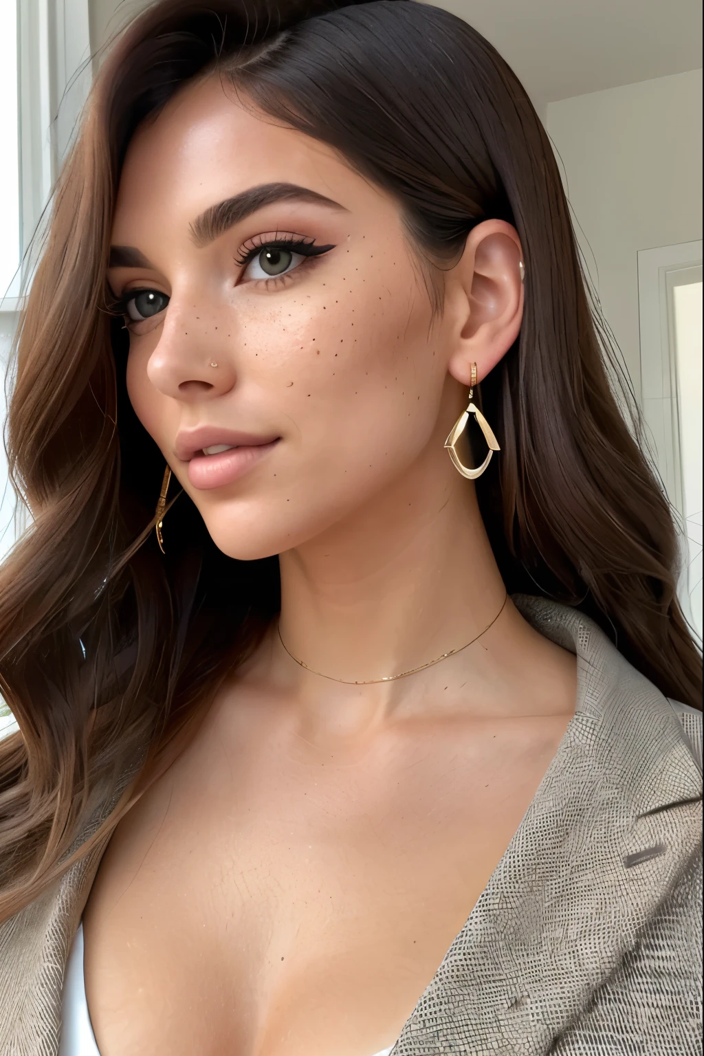 A stunningly beautiful woman in her mid-twenties, solo pose, long brunette waves cascading down her shoulders, ((best quality)), ((masterpiece)), detailed features - her green eyes framed by thick lashes, a small democracy of freckles scattered across her ((perfect face)), her skin glowing with natural radiance and a hint of rosy blush. Wearing a tailored blazer, her collarbone exposed, she gazes directly at the viewer, her self-confidence radiating through the image. Dainty earrings grace her lobes, adding a touch of elegance to the scene. The setting sun illuminates her naturally flawless complexion, casting a warm