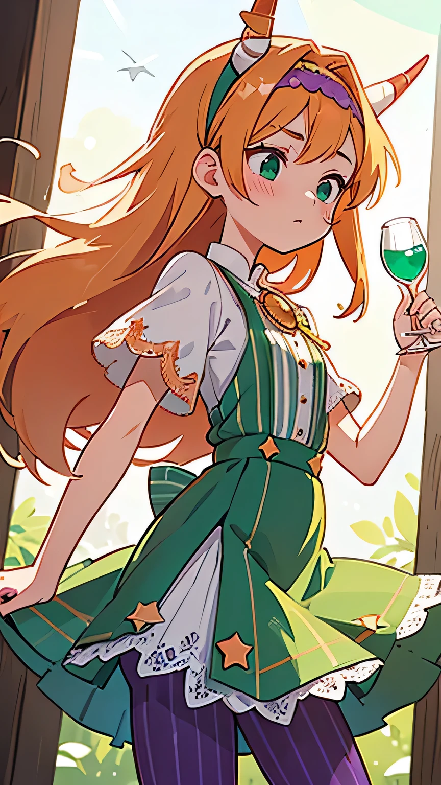 (masterpiece), (highest quality), (Very detailed),(Disheveled Hair),(shape), (One Girl), (Fashionable clothes),Blonde long hair, ((Red small horn headband)), ((Emerald green, Pastel colored short sleeve dress, White lace at hem)), ((She wears tights, Purple and orange stripes ), (Star mark in a small glass ball)), ((The tip of the magic wand has a small glass ball attached to it..)), ((A bird's wing is growing next to a small glass ball..)), ((There is a small crown on top of a small glass ball..,)), Browsing Caution,