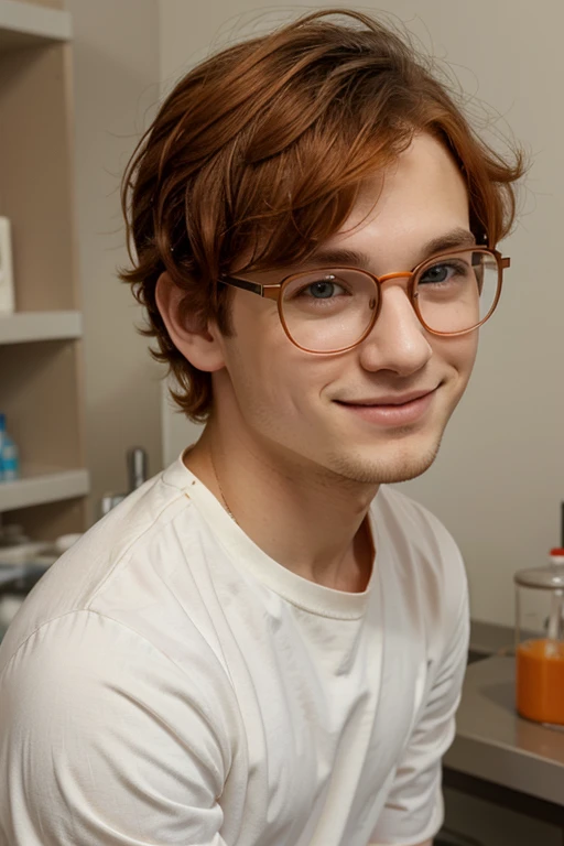 young pretty boy male sweet looking with cute dove eyes and round face and cute cheeks with a cute smile and a really bright orange ginger curly short hair and square glasses wearing laboratory clothes