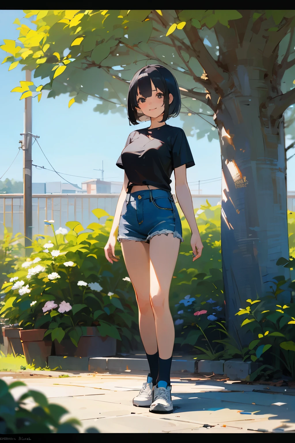 (high quality, High resolution, Very detailed, reality:1.37), Peaceful atmosphere, (Outdoor, garden), Teenage girl standing alone, (my breasts are big.), Beautiful details, Cute Smile, (Black bob hair), Short sleeve shirt, Denim skirt, Blue socks, sneakers.