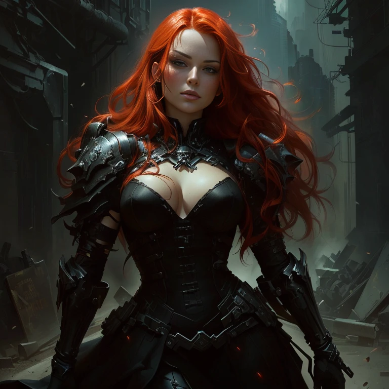 Close-up of a woman with red hair in a black dress, Raymond Swanland&#39;s style, Dark fantasy art, 4k fantasy art, Redhead queen in heavy red armor, Magnificent and elaborate character art, Dark Fantasy Art, Redhead Female Templar, Inspired by Raymond Swanland, epic fantasy character art, fantasy character art, gothic fantasy art, Beautiful character drawings