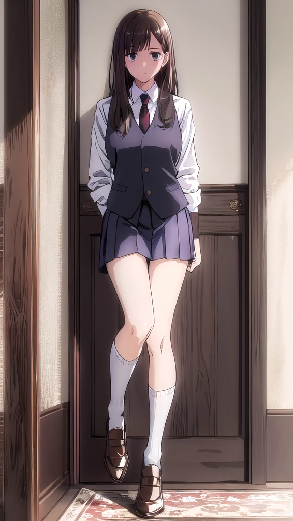 best quality,4k,8k,highres,masterpiece:1.2),umasterpiece,high quality,solo,
Chocolate brown hair, lilac eyes,
,white shirt,collared shirt, necktie
pleated skirt,
socks,
shoes,
night,school,corridor,hiding,