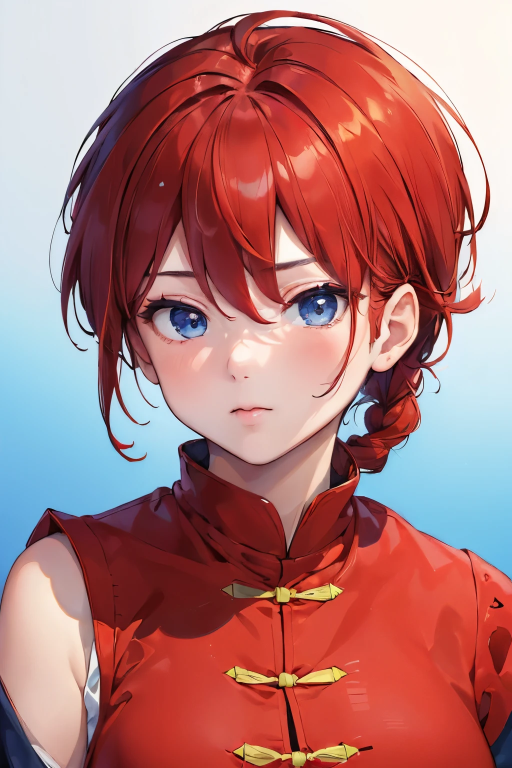 ((masterpiece:1.4)), high quality, very_high_resolution, large_filesize, full color, heavy outline, clear outline, colorful, (beautiful detailed eyes), ((beautiful face:1.0)), ((boyish face:1.4)), 1 girl, (femaleranma), (red hair), short hair, (braided ponytail), ((bangs)), bumpy bangs, blue-gray eyes, big breasts, curvy, femaleranma, braided ponytail, (red chinese clothes), sleeveless, tangzhuang, black pants, cameltoe, standing, upper body, ((from front:1.4)), ((portrait:1.8)), ((face focus:1.4)),