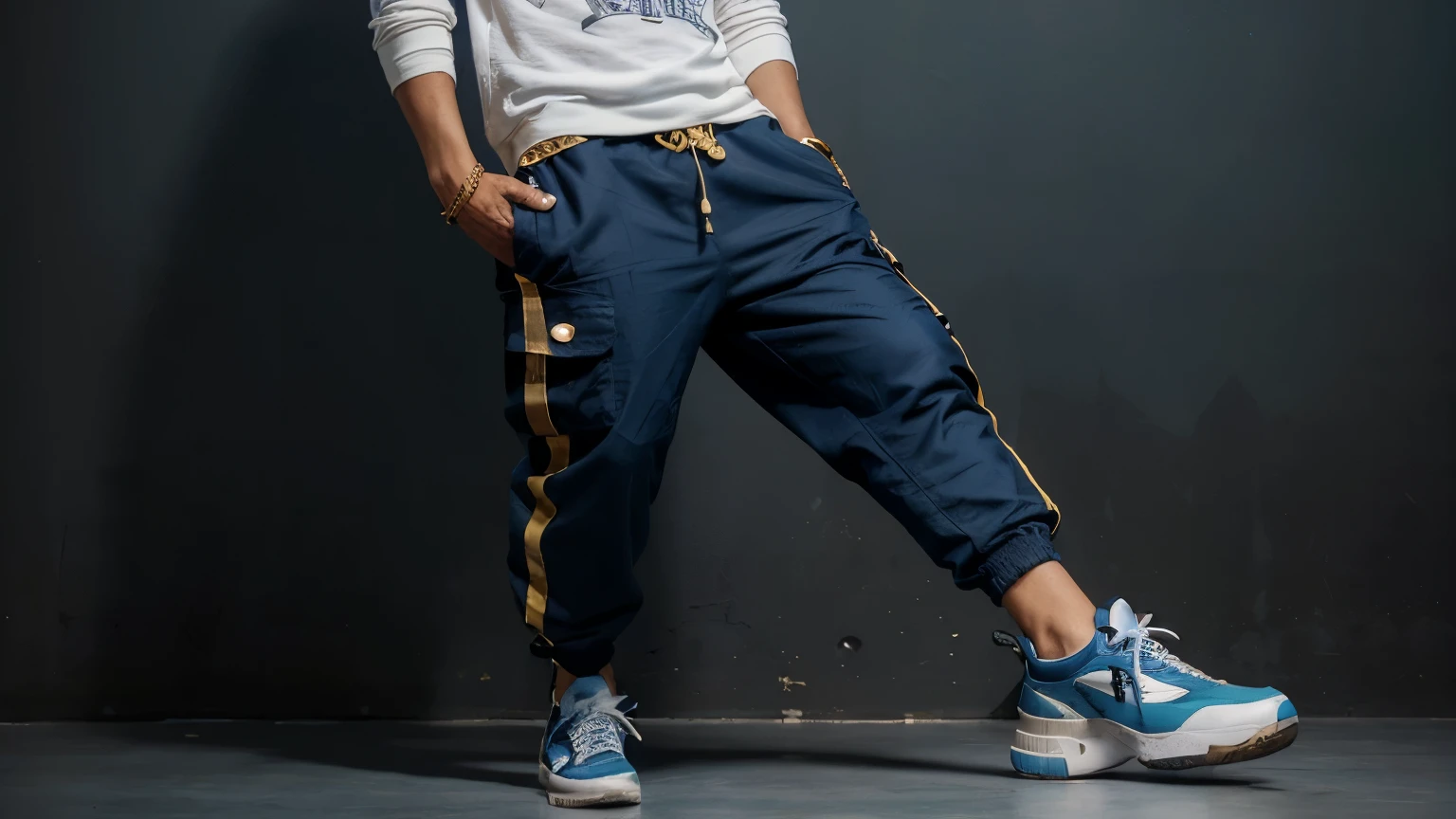 1 hombre, Obra maestra, mejor calidad, 8k, textura de piel detallada, textura de tela detallada,(saco deportivo corte italiano negro con detalles en dorado vistiendo corbata negra y dorado. con una camisa azul y terminaciones en dorado. Dark deep sea blue loose cargo pants and Mike Jordan style sneakers, con las suelas color azul y las zapatillas negras con terminaciones y los cordones en dorado, teniendo detalles intrincados, ultra detallado. parte completa del cuerpo en un fondo blanco, as if it were a photo session for the latest fashion sale