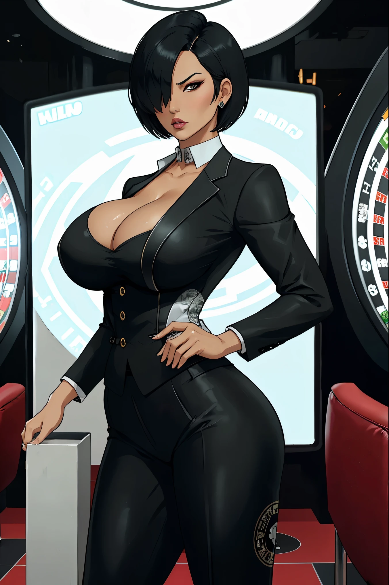 kiko, short hair, hair over one eye, asian, tanned skin, tanned, 35yo, mature woman, milf, serious, mad, dangerous, white female suit, cleavage, big breasts, suit pants, standing, in a diamond design casino