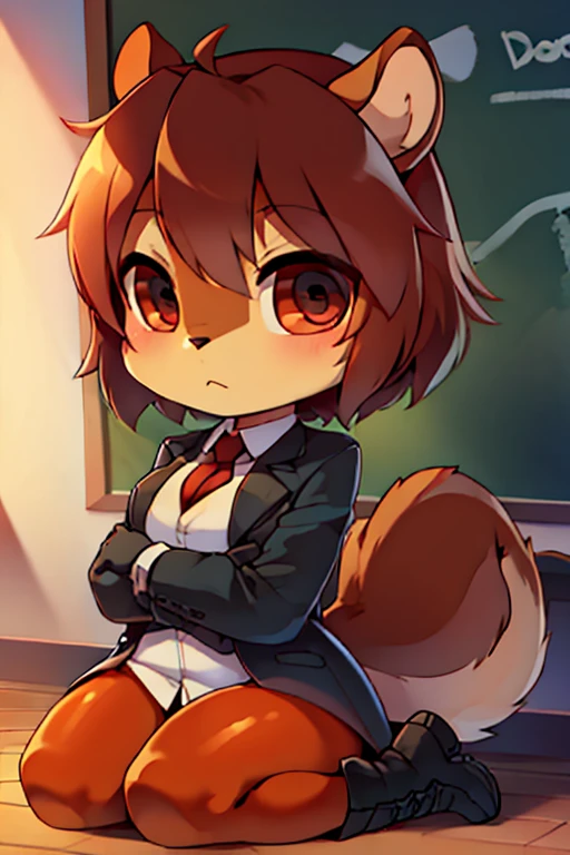 boy, squirrel, furry, bodyfur, blazer, bottomless, color tights, gloves, boots, chibi, school, kneeling