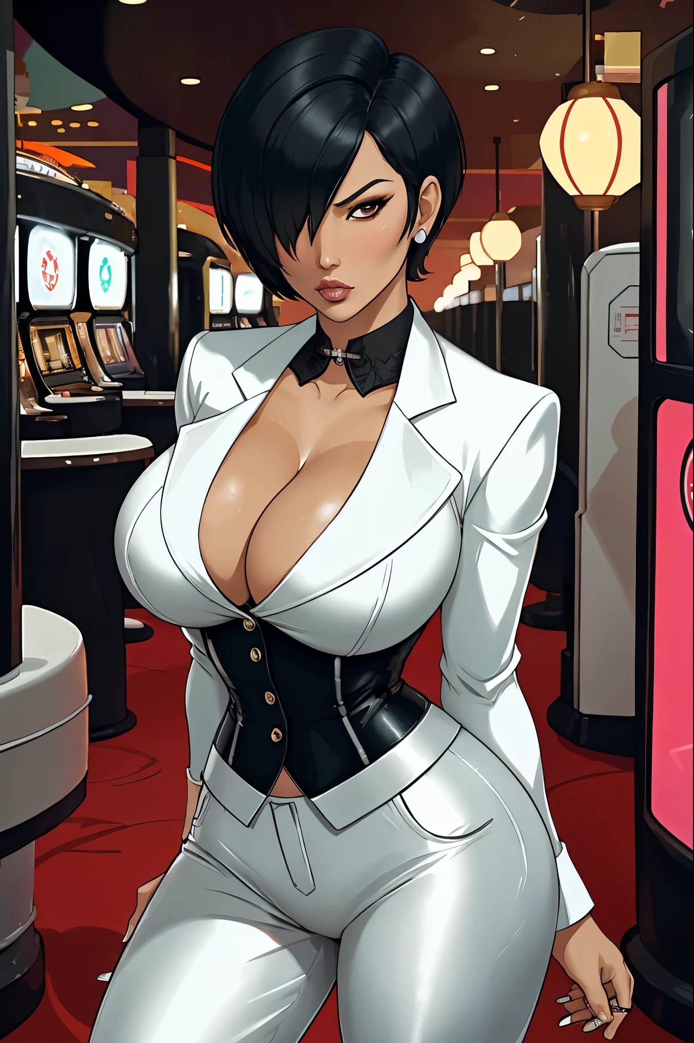 kiko, short hair, hair over one eye, asian, tanned skin, tanned, 35yo, mature woman, milf, serious, mad, dangerous, white female suit, cleavage, big breasts, suit pants, standing, in a diamond design casino