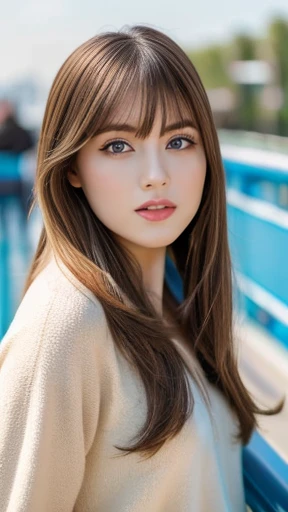 Best quality, 8k,  ,Masterpiece :1.3)), facing viewer,((full body1.2)) ,pretty woman, wide shot ,1girl, , selfie   , , ride on a Observation wheel, brown hair  , bangs,ultra-detailed face, highly detailed lips, detailed eyes, double eyelid