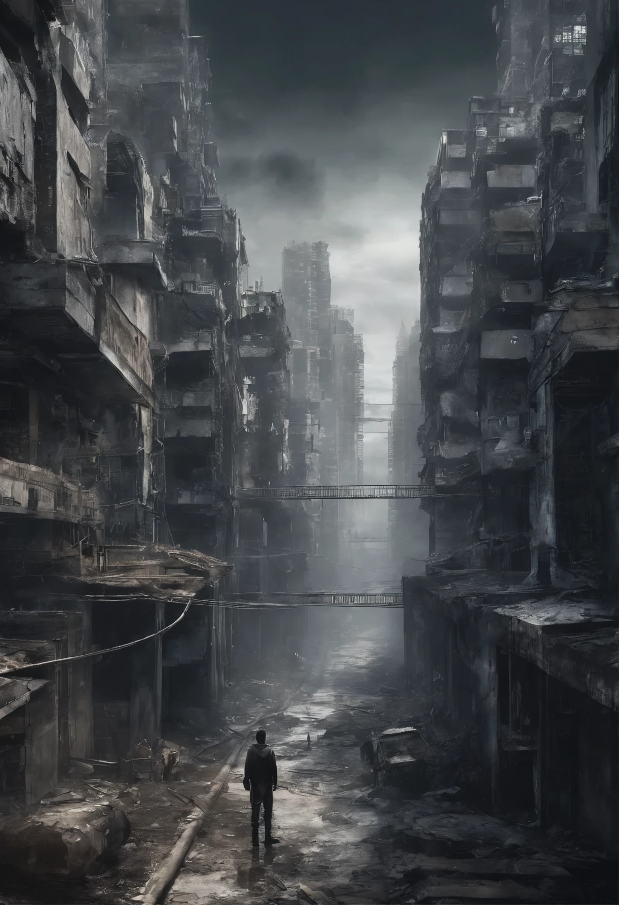 image taken from above and behind the shoulder of a dirty GIRL with her back turned and DRESSED IN a dirty HOOD from a second floor balcony of a dilapidated futuristic building, She is looking at an aerial view of an ultra-futuristic North American megalopolis, distopia, lixo nas ruas, curved buildings in ruins, apocalypse moderno, view of the entire city with many wide, cylindrical buildings and metal houses in dark colors from dark blue to black and in ruins, the apocalyptic city has shades of metal gray, has smoky metal structures , It's raining, there are puddles of water in the streets, apocalyptic industrial environment with smoke and fog around, carros escuros nas ruas, tem viadutos largos e longos e bifurcados no meio da cidade, desert megalopolis, trilhos e trens modernos de de metal passando estre as ruas da cidade, tall futuristic metal buildings, many ultra modern buildings around, , as realistic as possible, As detailed as possible, imagem realista, Science fiction