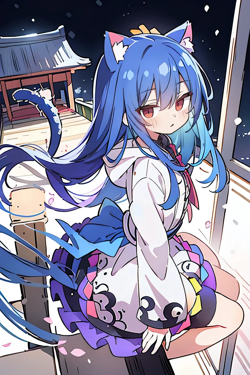 （masterpiece：1.2），Super detailed，lifelike，Expressive eyes，fair skin，perfect face shape，1 girl，
Japanese comics,Gorgeous blue hair,flowing blue hair,flowing clothes,Cat ears,Petals fall,beautiful lola,Baby Angel,
Shaking head with one hand，Cross your legs，Gentle and peaceful background，The pavilion is cool and comfortable,smile, wearing hoodie, background of tokyo,back views,snowing, winter.