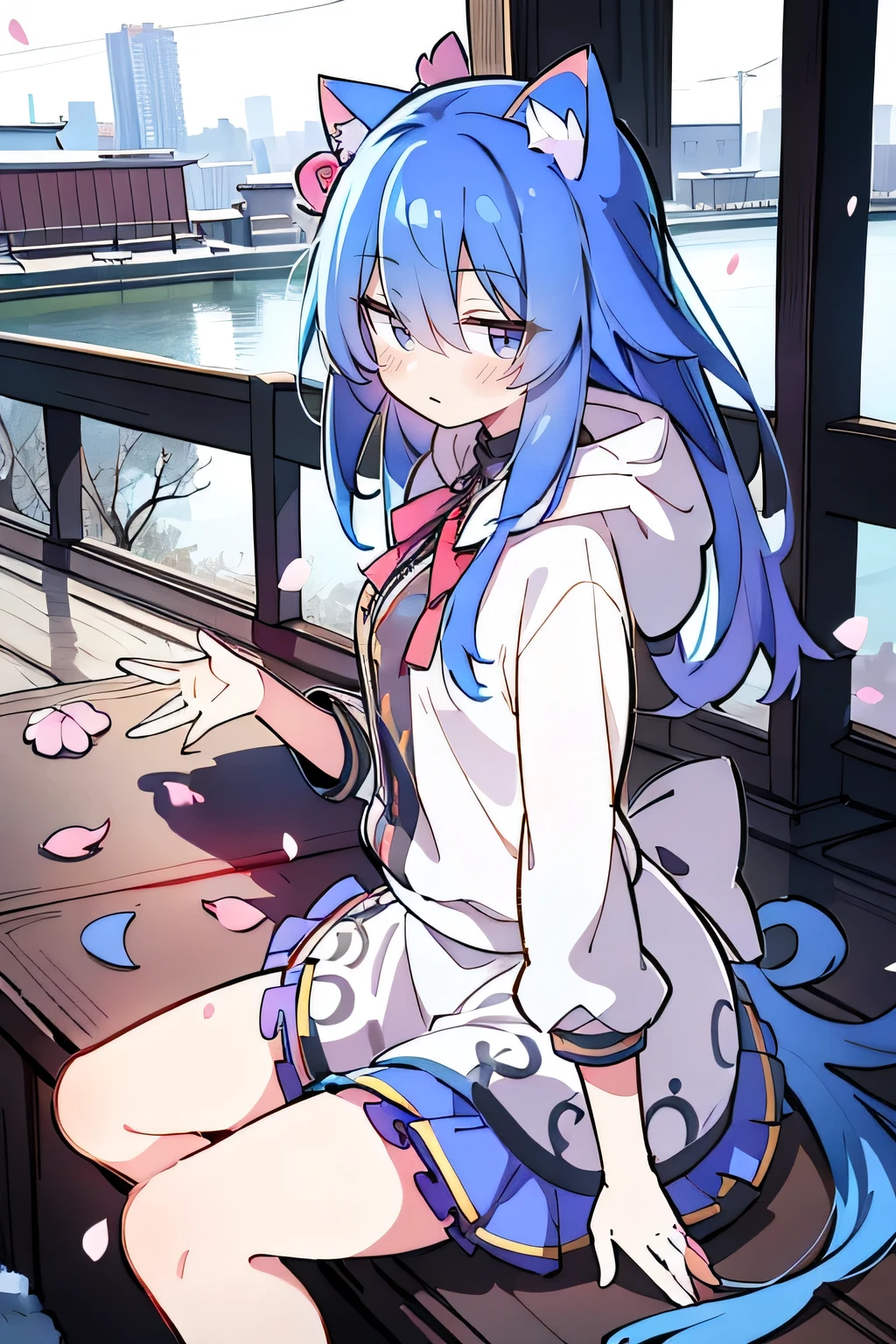 （masterpiece：1.2），Super detailed，lifelike，Expressive eyes，fair skin，perfect face shape，1 girl，
Japanese comics,Gorgeous blue hair,flowing blue hair,flowing clothes,Cat ears,Petals fall,beautiful lola,Baby Angel,
Shaking head with one hand，Cross your legs，Gentle and peaceful background，The pavilion is cool and comfortable,smile, wearing hoodie, background of tokyo,back views,snowing, winter.