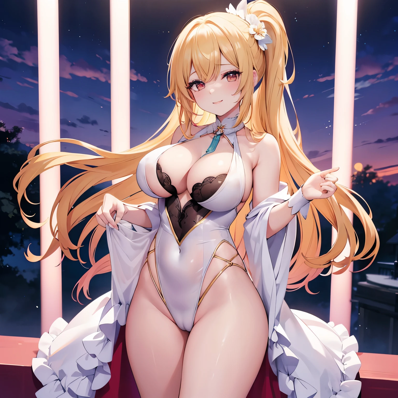 chica anime, traje de conejita, sexy, buen cuerpo, rubia, tetas un poco grandes, buen trasero, sonriendo, pose sensual, ultra detalles, 4k, full hd, paisaje de una discoteca, hermosa