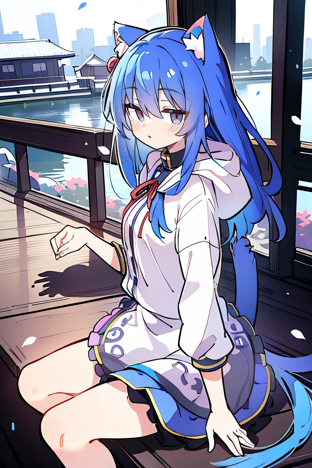 (masterpiece:1.2),Super detailed,lifelike,Expressive eyes,fair skin,perfect face shape,1 girl,
Japanese comics,Gorgeous blue hair,flowing blue hair,flowing clothes,Cat ears,Petals fall,beautiful lola,Baby Angel,
Shaking head with one hand,Cross your legs,Gentle and peaceful background,The pavilion is cool and comfortable,smile, wearing hoodie, background of tokyo,back views,snowing, winter.