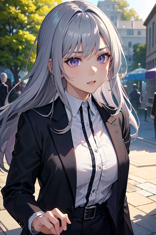 (Black jacket,Gray-haired,Purple eyes:1.1)(Anime Girls,Anime characters:1.1), (perfect Gray-haired boy:1.1), (女性Anime characters:1.1), (figure,anime-style art:1.2), (Vibrant colors,Contrasting Tones:1.1), (shadows and highlights:1.1), (Soft lighting,Illuminate your character:1.1), Fine grain,Lips and facial expressions,Hair blowing in the wind,Playful poses and dynamic movements,Beautiful background with natural elements such as flowers and trees,Happy and expressive emotions of the characters,High resolution,Extremely detailed depictions of character features and clothing,Professional artwork with realistic and photorealistic quality,Bokeh effect,Focus on the characters,Emotionally compelling storytelling,(1 Girl)