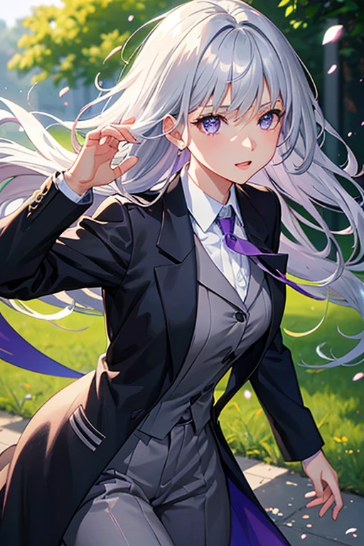 (Black jacket,Gray-haired,Purple eyes:1.1)(Anime Girls,Anime characters:1.1), (perfect Gray-haired boy:1.1), (女性Anime characters:1.1), (figure,anime-style art:1.2), (Vibrant colors,Contrasting Tones:1.1), (shadows and highlights:1.1), (Soft lighting,Illuminate your character:1.1), Fine grain,Lips and facial expressions,Hair blowing in the wind,Playful poses and dynamic movements,Beautiful background with natural elements such as flowers and trees,Happy and expressive emotions of the characters,High resolution,Extremely detailed depictions of character features and clothing,Professional artwork with realistic and photorealistic quality,Bokeh effect,Focus on the characters,Emotionally compelling storytelling,(1 Girl)