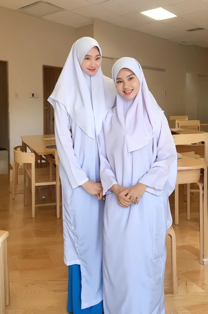a half body portrait, (1 girl), of a woman indoor, in an classroom, ((perfect face)), ((perfect teeth)), ((perfect body anatomy)), warm lighting, looking at viewer, smiling, (((baju kurung, white hijab:1.2))), standing, bring a pen and a book, upright chest to camera,