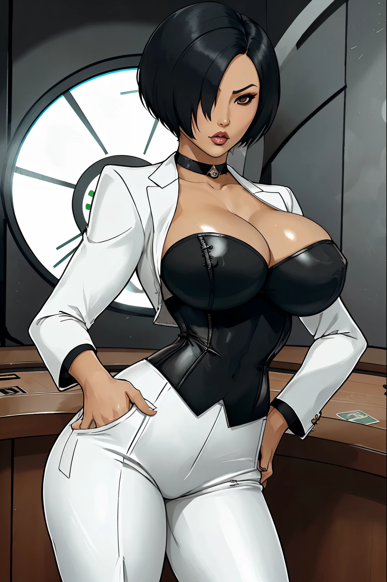 kiko, short hair, hair over one eye, asian, tanned skin, tanned, 35yo, mature woman, milf, serious, mad, dangerous, white female suit, cleavage, big breasts, suit pants, standing, in a diamond design casino