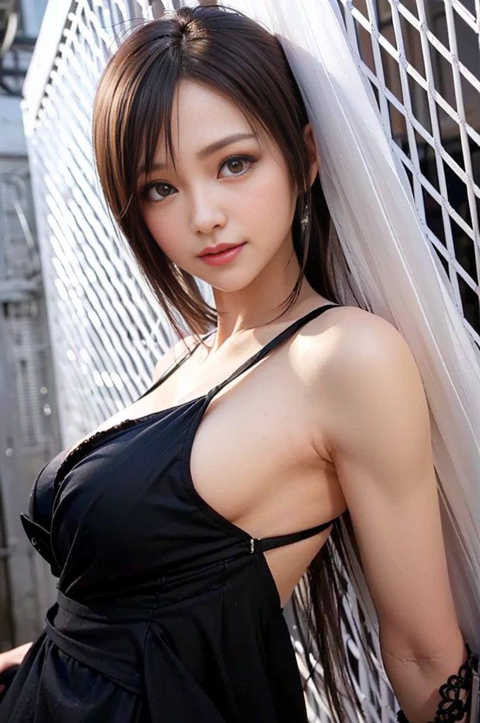 (Japanese Idols, 1 girl, Unparalleled beauty, Seduce, smile, Small face, Perfect Style, Body based on human mechanics, RAWphotograph, Real person:1.4) photograph, (Professional Lighting), (((Highly detailed face))), ((double eyelid)), (Boobs Sharp Focus:1.4), (Brown Hair, ponytail, Elegant light make-up, eyeliner, mascara:1.4), Huge breasts, Beautiful smooth skin, Soft Skin, 20-year-old, ((The body is slim, Small Ass, thin)), (A black dress with a low neckline and back, I can see her cleavage, Huddled against the wire fence, Tifa Lockhart:1.4), Attractive face, nsfw,