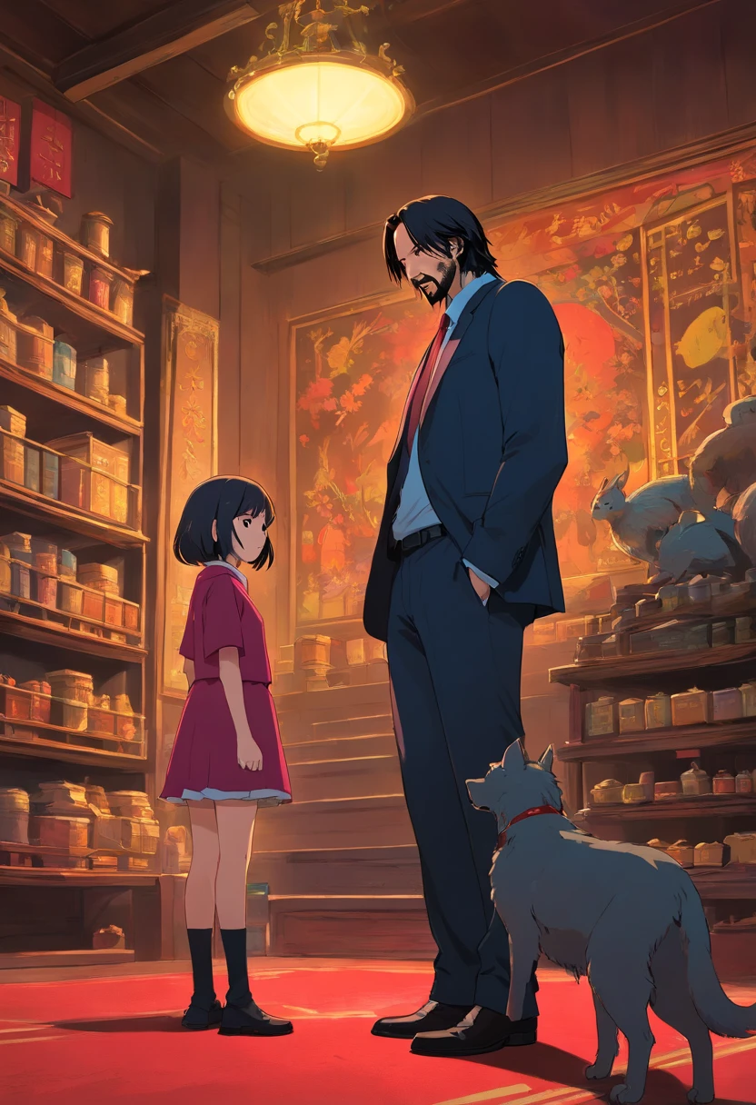 Dead John Wick and the girl staring at him,Directed by Hayao Miyazaki,Studio Ghibli production,Starring Keanu Reeves,