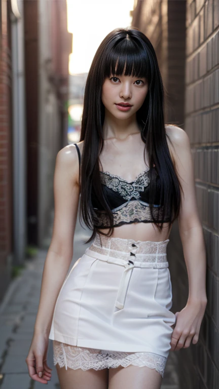 (masterpiece,best quality:1.2),(realistic,photo-realistic:1.4),high resolution,intricate details,exmetely detailed,solo,a 20 years old Japanese female idol,,(clothes,see-through lace bustier camisole top,miniskirt:1.5),,(smaller face,straight long hair,blunt bangs:1.5),(flat chest,small tits),(thin body,leaner figure,ribs stand out,small ass,thin waist,thin legs,skinny legs,thighs:1.2),(detailed face,detailed eyes),fine-textured skin,pale skin,photo background,outdoors,in the alley,daytime,sunny,in summer,