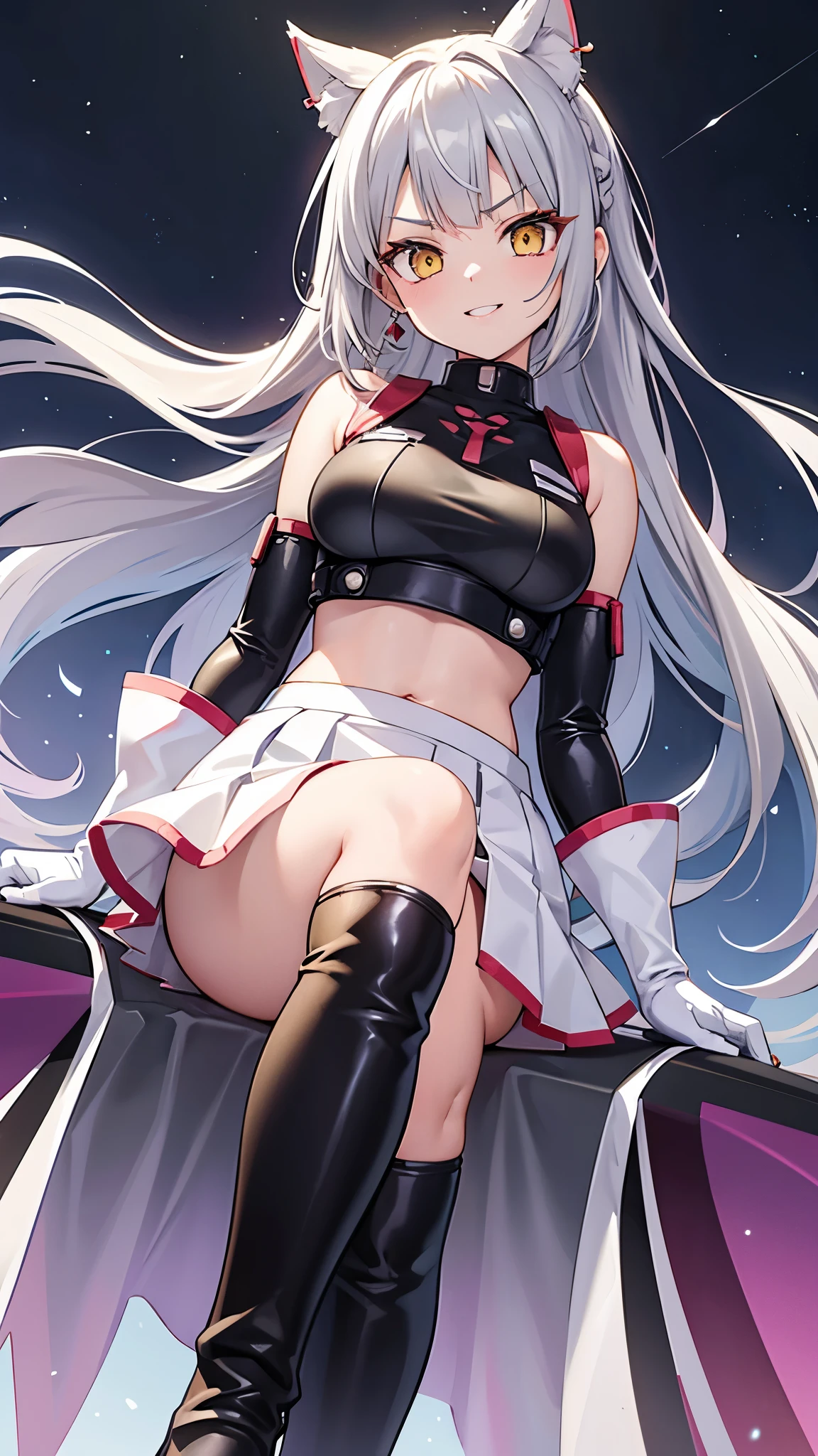 my \(Xenoblade\), One girl, Animal ears, Yellow Eyes ,Grey Hair, Braiding ,Glossy Lips, light makeup, eye shadow, Earrings ,Team Rocket,Team Rocket uniform, Red letter R, White Skirt,White crop top,Black thigh-high boots, Black elbow gloves,Wicked Smile, Looking down at the viewer, Crossing your legs, Night sky background