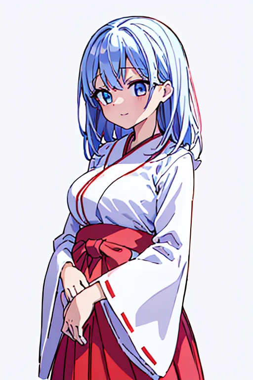highest quality High resolution {Red too:1.35},シンプルなShrine maiden服 Shrine maiden服 (white background white groundless background:1.5), Long short hair Drooping eyes Anime style illustrations Beauty Shrine maiden Cute eyes smile Scarlet hakama Dark blue eyes One Woman Light blue hair Shortcuts Wide sleeves Long hem Looking up Big Breasts