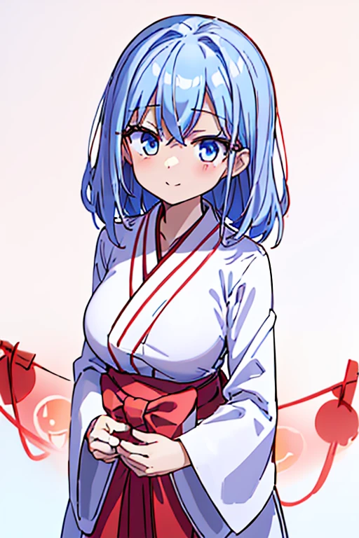 highest quality High resolution {Red too:1.35},シンプルなShrine maiden服 Shrine maiden服 (white background white groundless background:1.5), Long short hair Drooping eyes Anime style illustrations Beauty Shrine maiden Cute eyes smile Scarlet hakama Dark blue eyes One Woman Light blue hair Shortcuts Wide sleeves Long hem Looking up Big Breasts