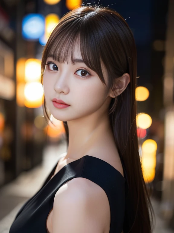 masterpiece、one beautiful girl、detailed eyes、bulging eyes、highest quality, 超High resolution, (reality: 1.4), cinematic lighting、Japanese、asian beauty、Korean、Super beautiful、Shining beautiful skin、slender、The body is facing forward、(Super realistic)、(High resolution)、(8K)、(very detailed)、(Beautifully detailed eyes)、(Super detailed)、 (wallpaper)、detailed face、the lighting is bright、professional lighting、look at viewer、Facing straight ahead、The costume is a black dress...、46-point diagonal bangs、night scene、brown hair、japanese idol、korean idol、Gravure idol、actress、19 years old、tall、(dynamic pose, dynamic angle:1.3), random pose, random angle,