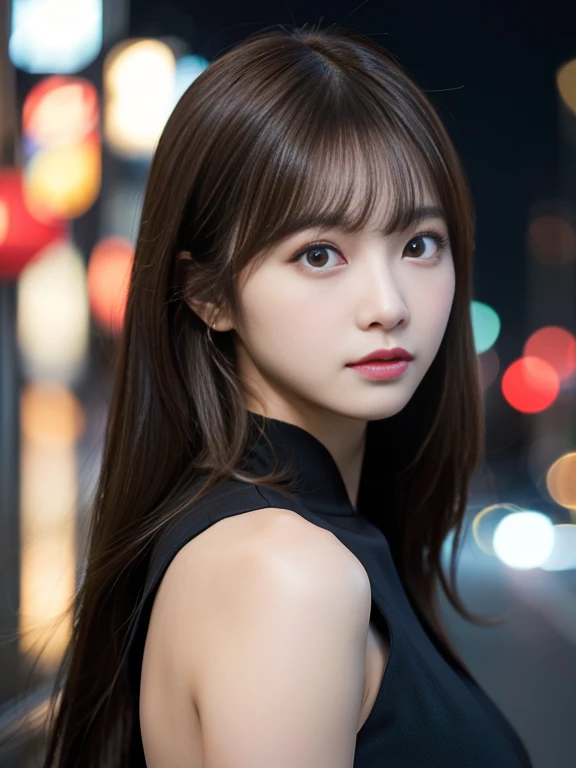 masterpiece、one beautiful girl、detailed eyes、bulging eyes、highest quality, 超High resolution, (reality: 1.4), cinematic lighting、Japanese、asian beauty、Korean、Super beautiful、Shining beautiful skin、slender、The body is facing forward、(Super realistic)、(High resolution)、(8K)、(very detailed)、(Beautifully detailed eyes)、(Super detailed)、 (wallpaper)、detailed face、the lighting is bright、professional lighting、look at viewer、Facing straight ahead、The costume is a black dress...、46-point diagonal bangs、night scene、brown hair、japanese idol、korean idol、Gravure idol、actress、19 years old、tall、(dynamic pose, dynamic angle:1.3), random pose, random angle,