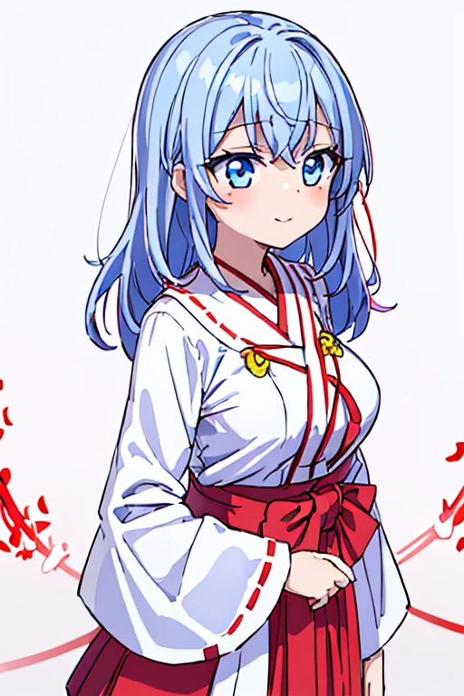 highest quality High resolution {Red too:1.35},シンプルなShrine maiden服 Shrine maiden服 (white background white groundless background:1.5), Long short hair Drooping eyes Anime style illustrations Beauty Shrine maiden Cute eyes smile Scarlet hakama Dark blue eyes One Woman Light blue hair Shortcuts Wide sleeves Long hem Looking up Big Breasts