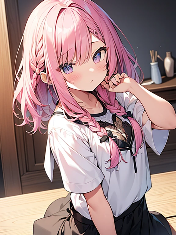 Tabletop, highest quality,shape, wallpaper, Very detailed, Absurd beauty、Anatomically correct,1 beautiful girl、 (Pink Hair、Medium Hair、Braided hair),Accentuate your butt、 Very detailed beautiful eyes 、Keep your head small、Casual clothing、Summer clothes、Shyness、blush