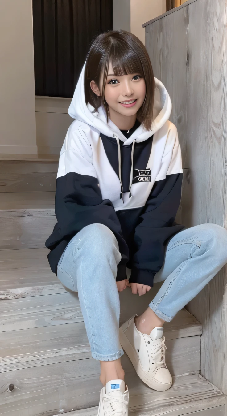 highest quality, Realistic, Very detailed, Finer details, High resolution, 8k wallpaper, One beautiful woman,Sit on the stairs、smile、(Beautiful teeth alignment、)(Gums are visible) Oversized hoodie, Skinny jeans,( Black sneakers)、Black Hair、 Beautiful Bangs、ear piercing、Perfect dynamic composition, Beautiful and detailed, Full Body Shot, A big smile waiting to start