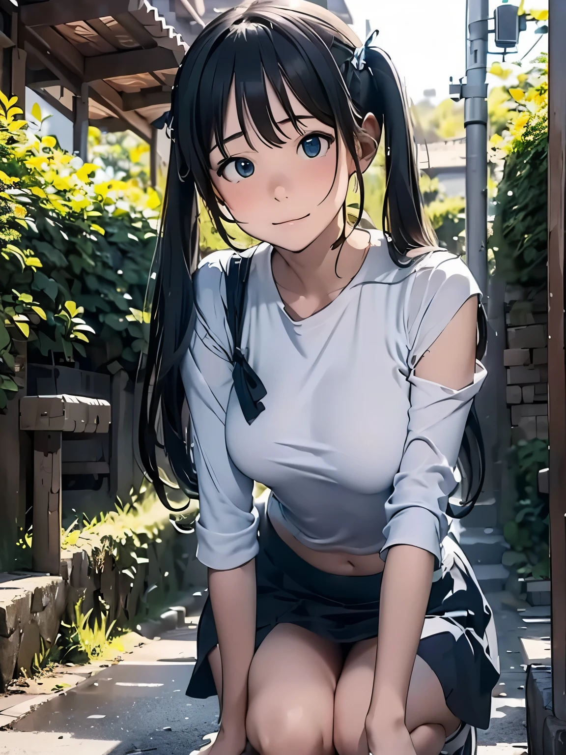 (masterpiece、highest quality、highest quality、Official Art、Beautiful and beautiful:1.2)、(One girl:1.3)Hatsune Miku、Twin tails,Beautiful breasts,Alafed Asian girl crouching No sleeve in light blue on the ground,No sleeve, Reality Girls, pretty girl, Beauty, Neat hairstyle with bangs, Chiho, Surreal , pretty girl