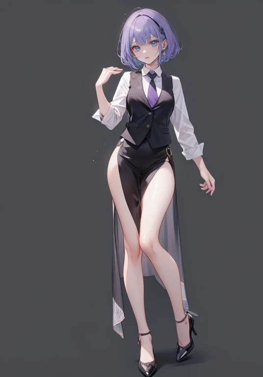 ((Perfect Face)),Purple Hair,Very short hair,1 female,,Black vest,Roll up your sleevesＹshirt,tie,slit,High heels,,((Simple Background)),smile,((Full Body)),((full body)),