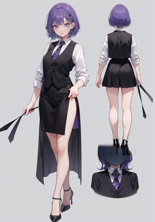 ((Perfect Face)),Purple Hair,Very short hair,1 female,,Black vest,Roll up your sleevesＹshirt,tie,slit,High heels,,((Simple Background)),smile,((Full Body)),((full body)),