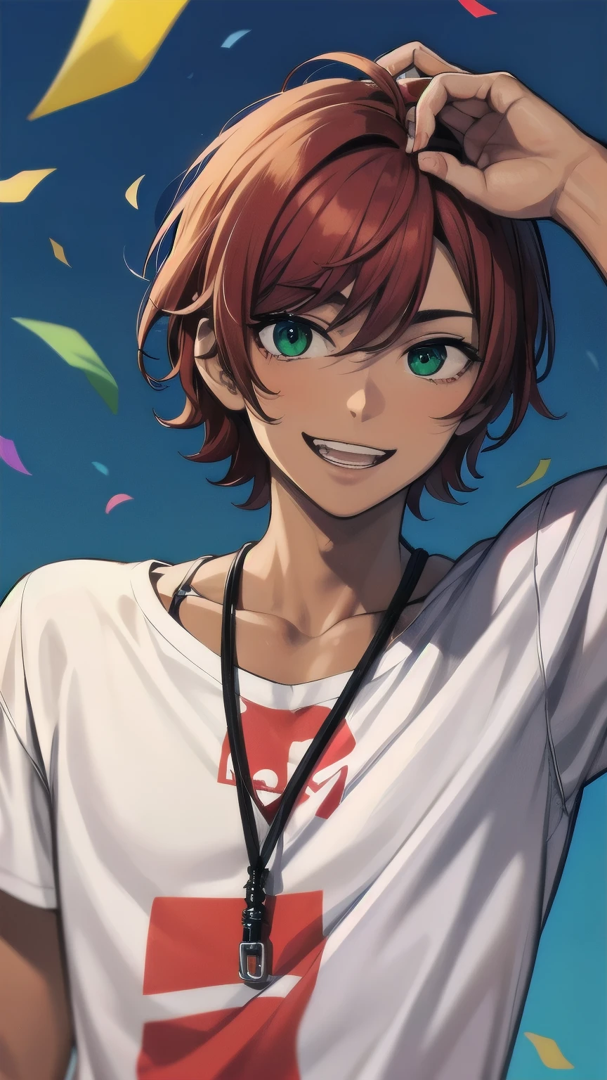 (masterpiece), ((sfw)), best quality, expressive eyes, perfect face, mature male, (1boy, adult Man, young adult, handsome man), solo, red hair BREAK bob cut, green eyes BREAK (tanned skin, tanned male), confetti, abstract, rainbow background, upper body, standing, , smile, grin, red t-shirt BREAK black pants BREAK standing, :D, smile 