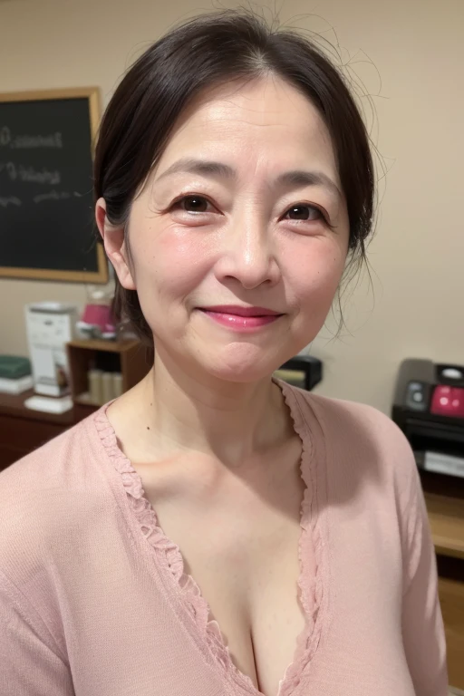 ((Japanese Mature)), ((55 years old:1.4)), ((old woman:1.3)), (((Small breasts))),  Detailed eyes and face, Long eyelashes, Beautiful Lips, Feel the warmth and elegance, There are fine wrinkles, A light smile, Mystical Eyes, Expressive eyes, Beautiful Skin, A look full of experience and knowledge, A graceful and confident demeanor, In a suit, Beautiful hair ornaments, Pale pink cheeks, Soft Light, Pale pink walls, High quality photos, Vibrant colors, Bokeh effect, Delicate depiction, whole body, short hair, Low Ponytail, Red lipstick, 