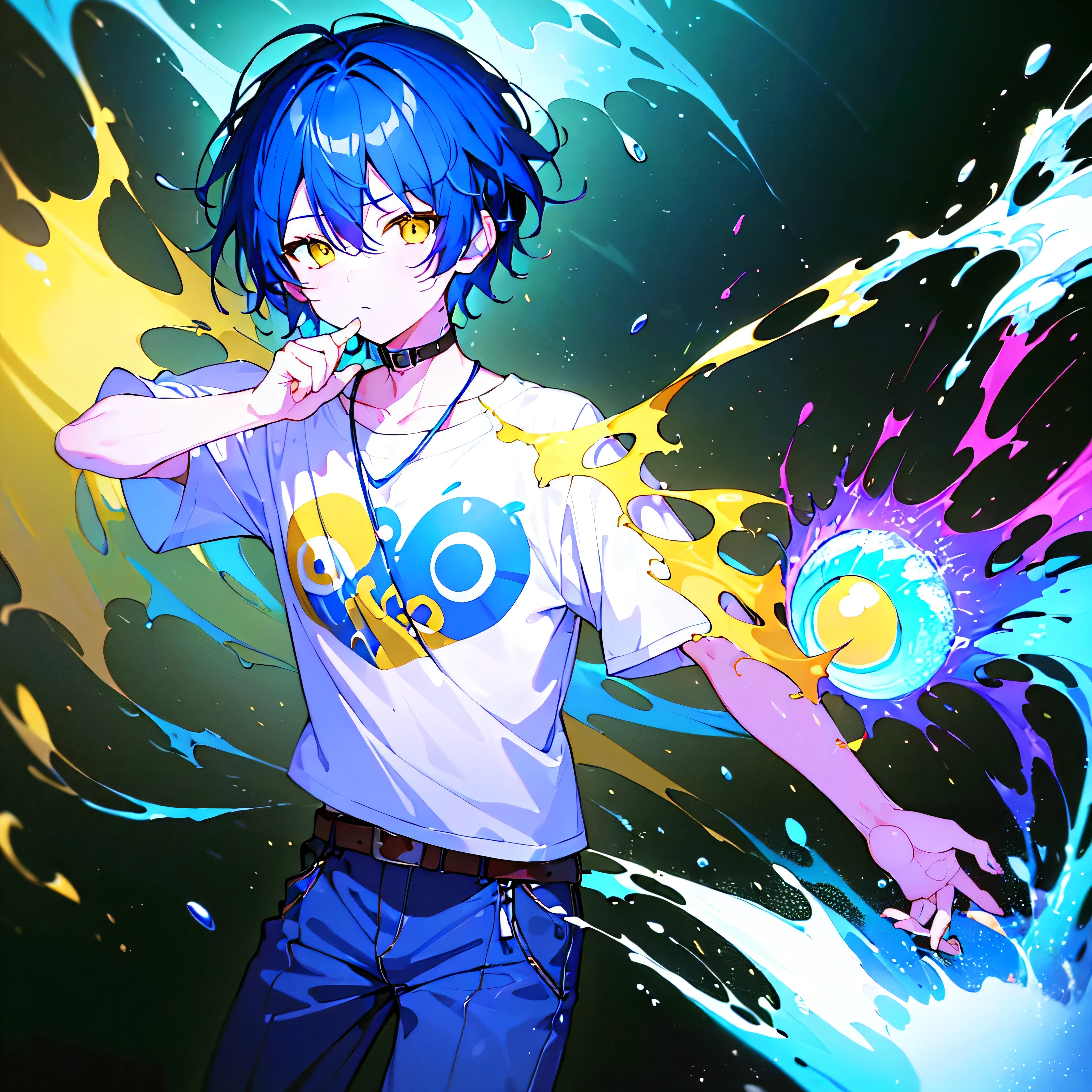 [(GALAXY BACKGROUND:1.5),::5], ((((masterpiece)))), high quality, very_high_resolution, large_filesize, full color, ((younger boy)), , short deepblue hair, vivid color, ((yellow eye)), civilian clothes white, animestyle, (NeonSoda Splash effect:1.3)
