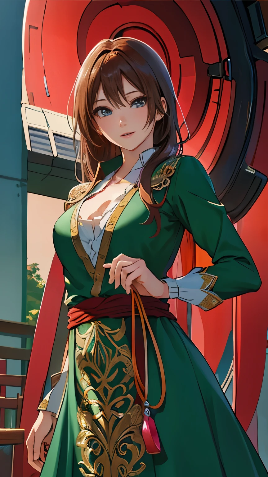 Cowboy Shot, highest quality, 超A high resolution, (Realistic:1.4), 細部までBeautiful Face, Detailed clothing, Attractive European women,highest quality, 4K, High resolution, masterpiece:1.2, Very detailed,(front:1.9),MangaKawaiiAnime,(Photorealistic:1.4)Beautiful Face, (looking at the camera),Cute face, 、RAW Photos, highest quality,, Vibrant, Red and blue eyes，Strong gaze，Vibrant colors，（frontを向く:1.5),((masterpiece,highest quality)), 4K, High resolution, 1 female, alone, smile, Green Dress, (Perfumer Costume:1.2), 