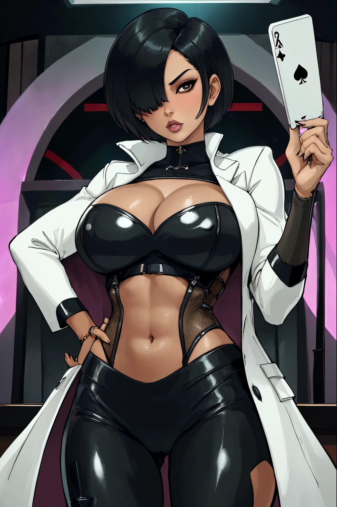 kiko, short hair, hair over one eye, asian, tanned skin, tanned, 35yo, mature woman, milf, serious, mad, dangerous, white female suit, cleavage, big breasts, suit pants, standing, in a diamond design casino