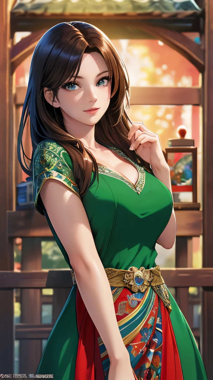 Cowboy Shot, highest quality, 超A high resolution, (Realistic:1.4), 細部までBeautiful Face, Detailed clothing, Attractive European women,highest quality, 4K, High resolution, masterpiece:1.2, Very detailed,(front:1.9),MangaKawaiiAnime,(Photorealistic:1.4)Beautiful Face, (looking at the camera),Cute face, 、RAW Photos, highest quality,, Vibrant, Red and blue eyes，Strong gaze，Vibrant colors，（frontを向く:1.5),((masterpiece,highest quality)), 4K, High resolution, 1 female, alone, smile, Green Dress, (Perfumer Costume:1.2), 