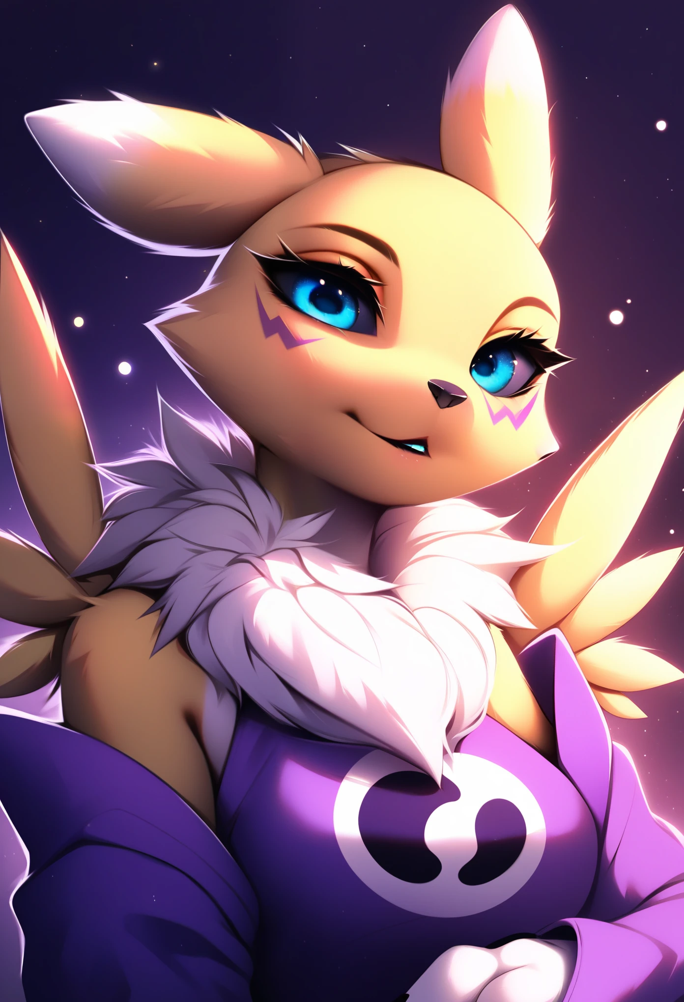 core_9, score_8_up, score_7_up, source_furry, rating_safe, by magnaluna, 1girl, anthro, renamon,  yellow fur, blue eyes, black sclera, detailed fur, bedroom, bed, purple sheets, night, detailed background, best quality, clothing