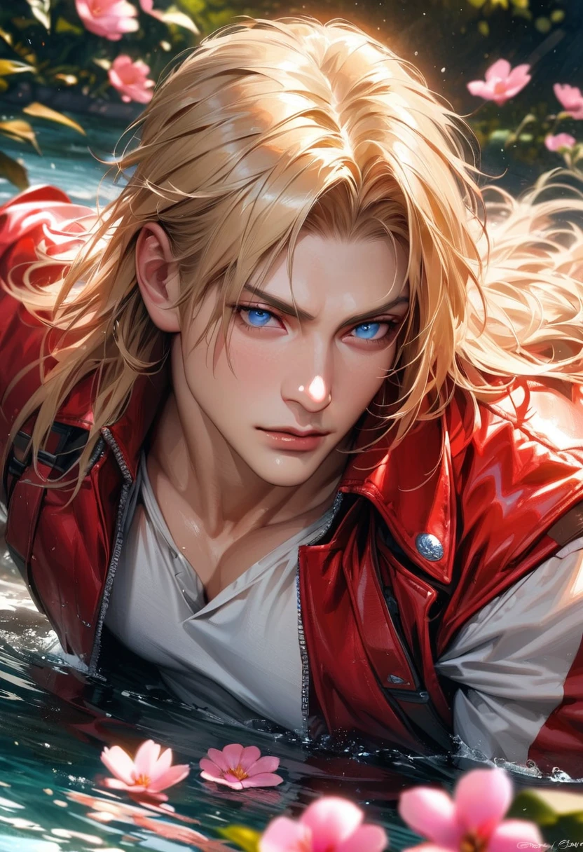 absurdres, highres, ultra detailed, HDR, master piece, best quality, extremely detailed face and eyes, realistic face, Terry Bogard, blond hair, expressive blue eyes, The King Of Fighters, red cap, red jacket, white shirt, solo, sexy man, handsome, pink flowers, water, spring
