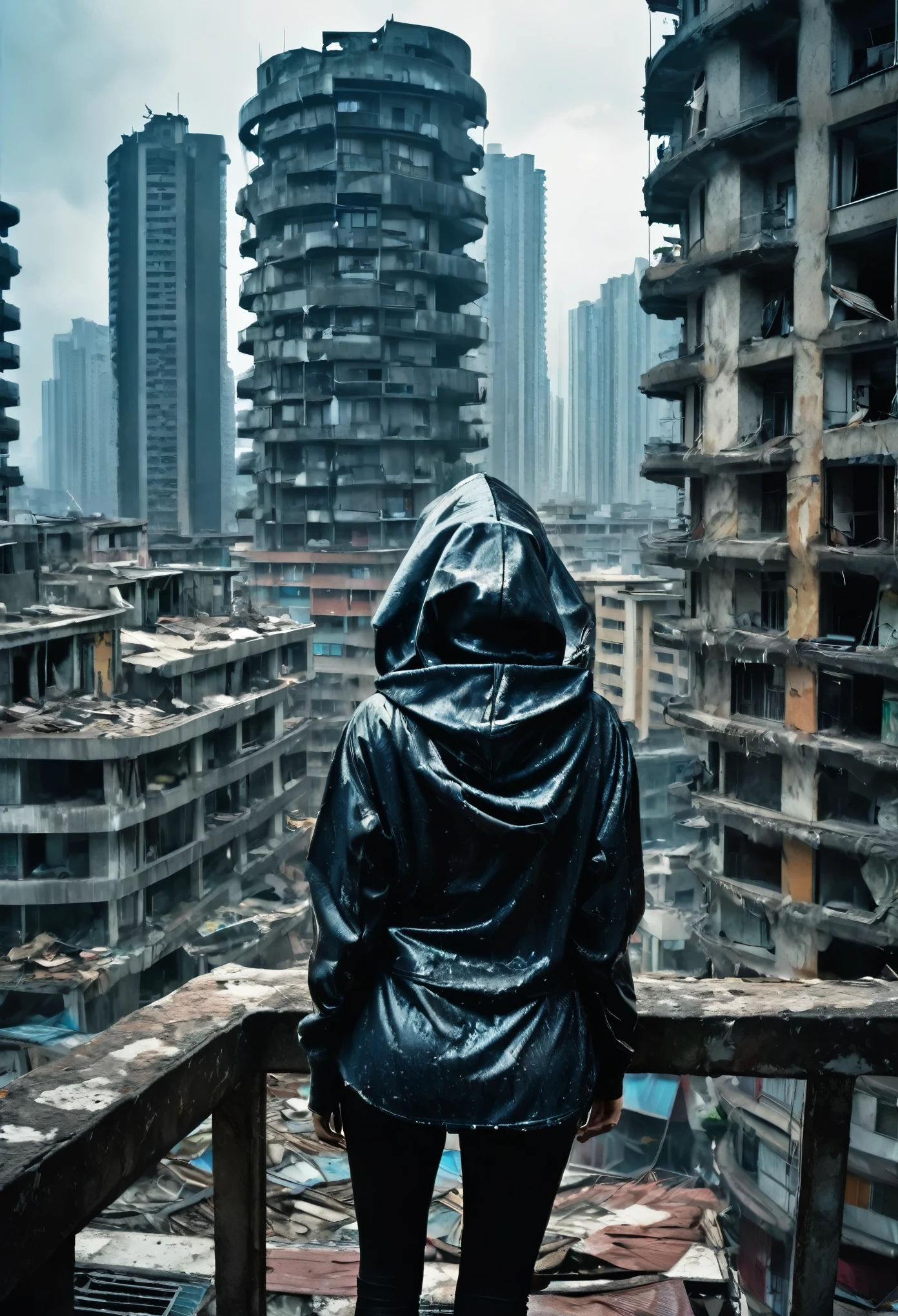 image taken from above and behind the shoulder of a dirty wet GIRL with her back and DRESSED IN a dirty HOOD from a second floor balcony of a dilapidated futuristic building, she is in the corner of the photo, She is looking at an aerial view of an ultra-futuristic North American megalopolis, distopia, lixo nas ruas, tem lixo residencial em toda parte, curved buildings in ruins, apocalypse moderno, view of the entire city with many wide, cylindrical buildings and metal houses in dark colors from dark blue to black and in ruins, the dirty apocalyptic city, tem viadutos e pontes que atravessam a cidade, smoky buildings , It's raining a lot, tem chuva, there are puddles of water everywhere, apocalyptic industrial environment with smoke and fog around, carros sujos nas ruas, tem viadutos largos e longos e bifurcados no meio da cidade, there are overpasses passing between the buildings, desert megalopolis, trilhos e trens modernos de de metal passando estre as ruas da cidade, tall futuristic metal buildings, many ultra modern buildings around, , as realistic as possible, As detailed as possible, imagem realista, Science fiction