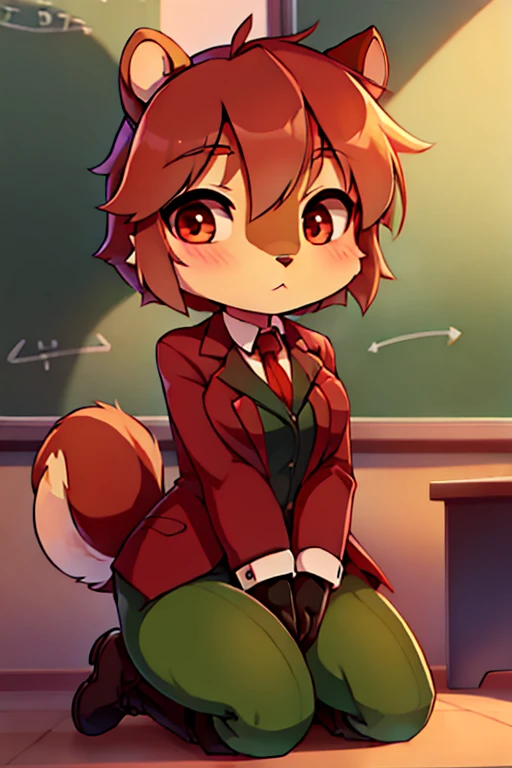 boy, squirrel, furry, bodyfur, blazer, green tights, gloves, boots, chibi, school, kneeling