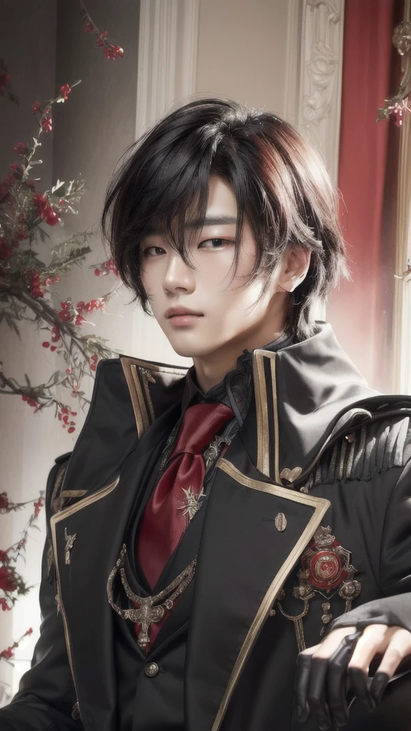 image of a handsome korean boy in a black coat and red tie, red eyes, black gloves, very realistic and very detailed