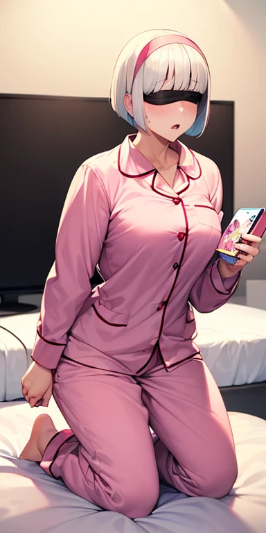 MILF BIMBO KNEELING white short bob haircut hairband female wearing a pink pijamas and playing video games, tv, fluffy teddy bear toy, bed, pillow, pink outfit, blindfolded eyes, bodybuilder abs toned, dildo hides underneath 🧸 🐻 